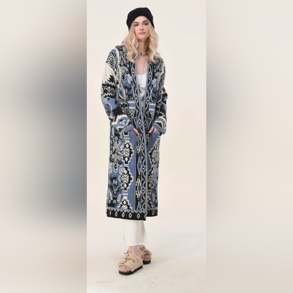 Maxsport Open Front Patch Pocket Full Length Duster Cardigan Coat Size M